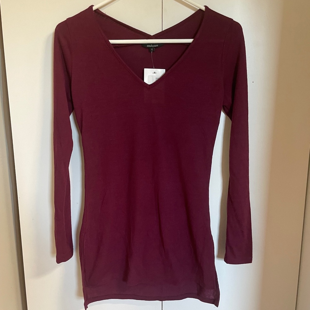 Ambiance Deep Maroon V-Neck Long Sleeve Top NWT